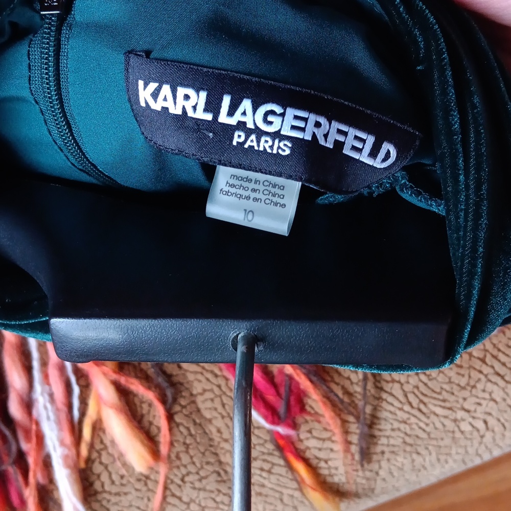 Karl Lagerfeld Velvet Blouson A-Line Dress In Forest Green - Picture 8 of 10